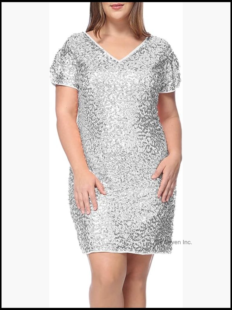 Plus Size Sequin Bodycon Dress V-Neck Short Sleeve Cocktail Party Dress